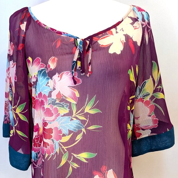 Express	| Sheer Kimono Sleeve Purple Tropical Floral Print Blouse | Size Small - Picture 2 of 15